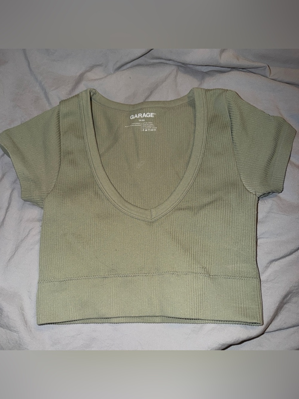 Garage Olive Green Ribbed V-Neck Crop Top